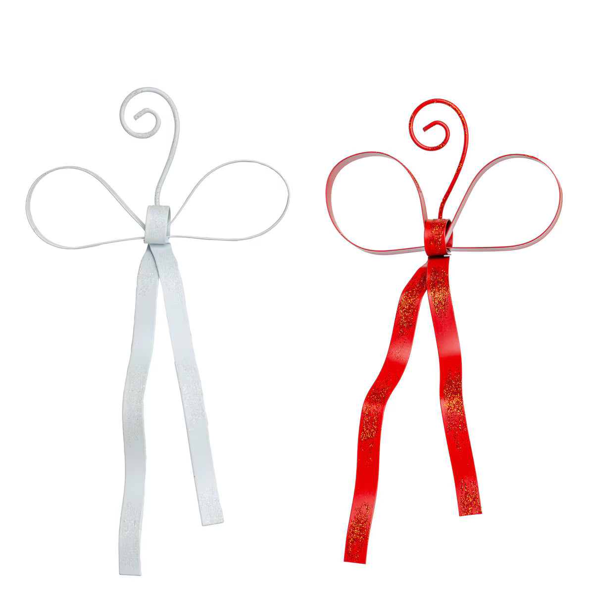 Metal Red & White Bow Ornaments (Set of 2)
