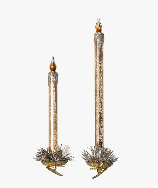 Frosted Gold Glass Taper Candle Clip-on Ornament, Set of 2